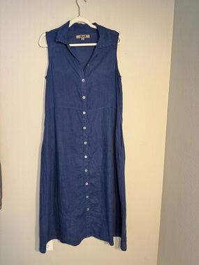 FLAX 100% Linen Sleeveless Button-Down Maxi Dress Blue S Lagenlook minimalist